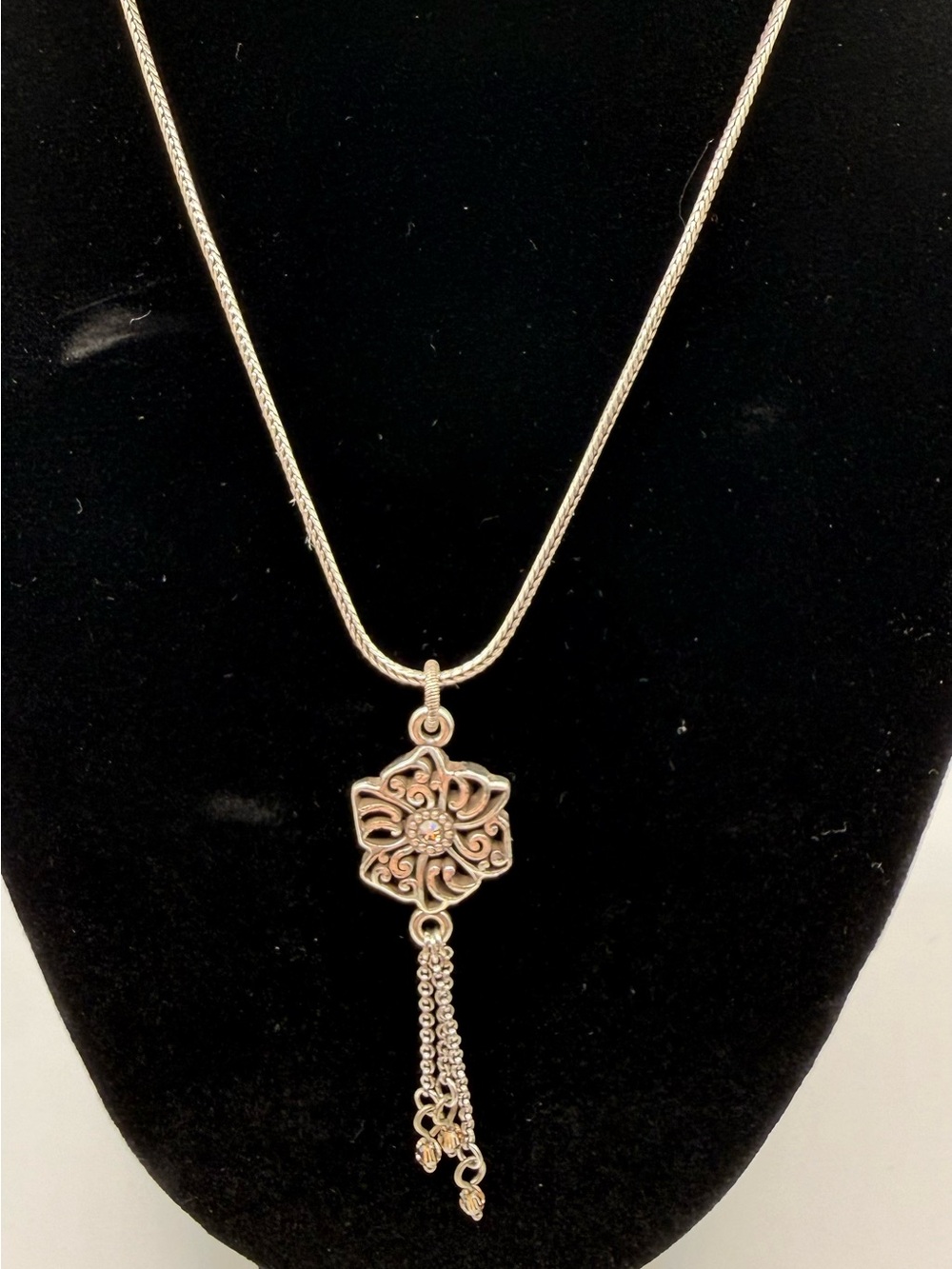 Brighton Silver Scroll Flower Tassel Pendant Necklace Adjustable Chain - Picture 2 of 3